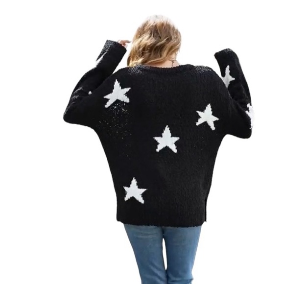 Amazon Earth Black Star Pullover Side Slit Casual Long Sleeve Sweater - Picture 7 of 11